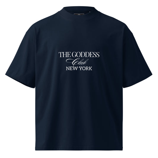 The Goddess Club High-Neck T-Shirt- Navy and White